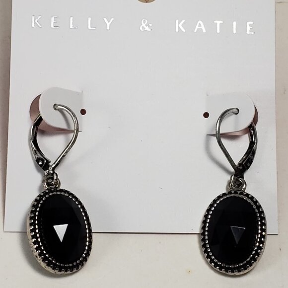 Silver Drop Earrings – Faceted Black Stones with Beaded Frame, Leverback Design - Picture 3 of 7